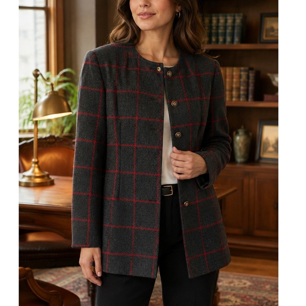VTG 60s John Meyer Jacket Sz 16 Gray Red Plaid Wool Crest Button Regal Academia